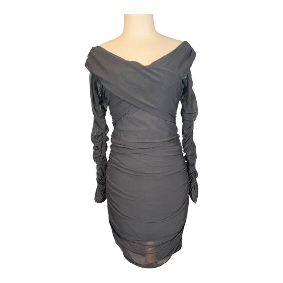 Stella Luce Bodycon Black Ruched Off the Shoulder Mini Dress Sheer Sleeves Large - Picture 11 of 11